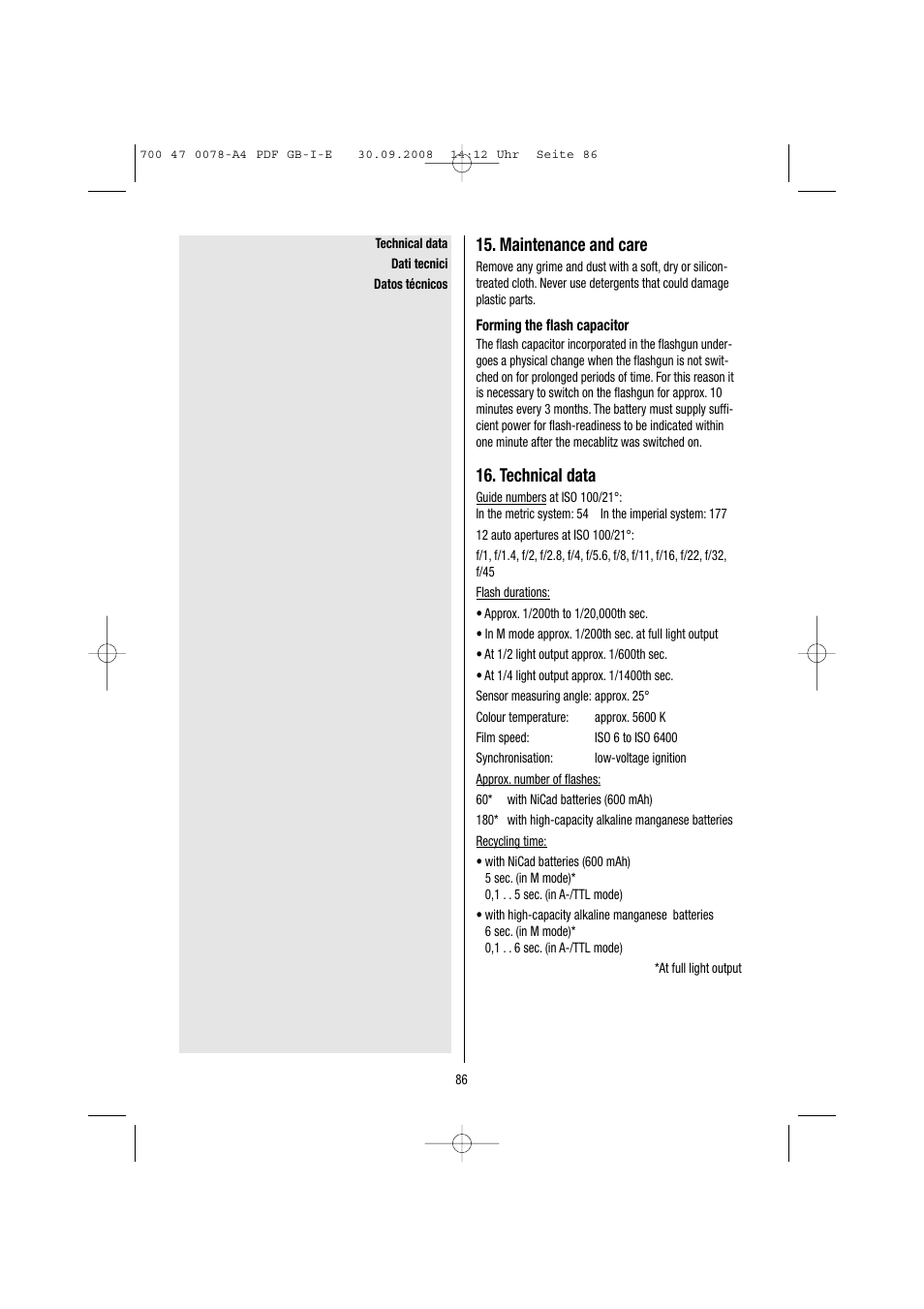 Maintenance and care, Technical data | Metz Mecablitz 54 MZ-3 User Manual | Page 86 / 122