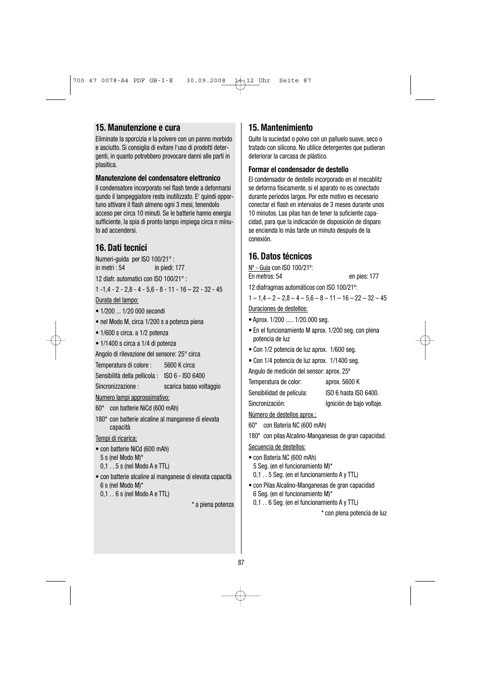 Mantenimiento, Datos técnicos, Manutenzione e cura | Dati tecnici | Metz Mecablitz 54 MZ-3 User Manual | Page 87 / 122