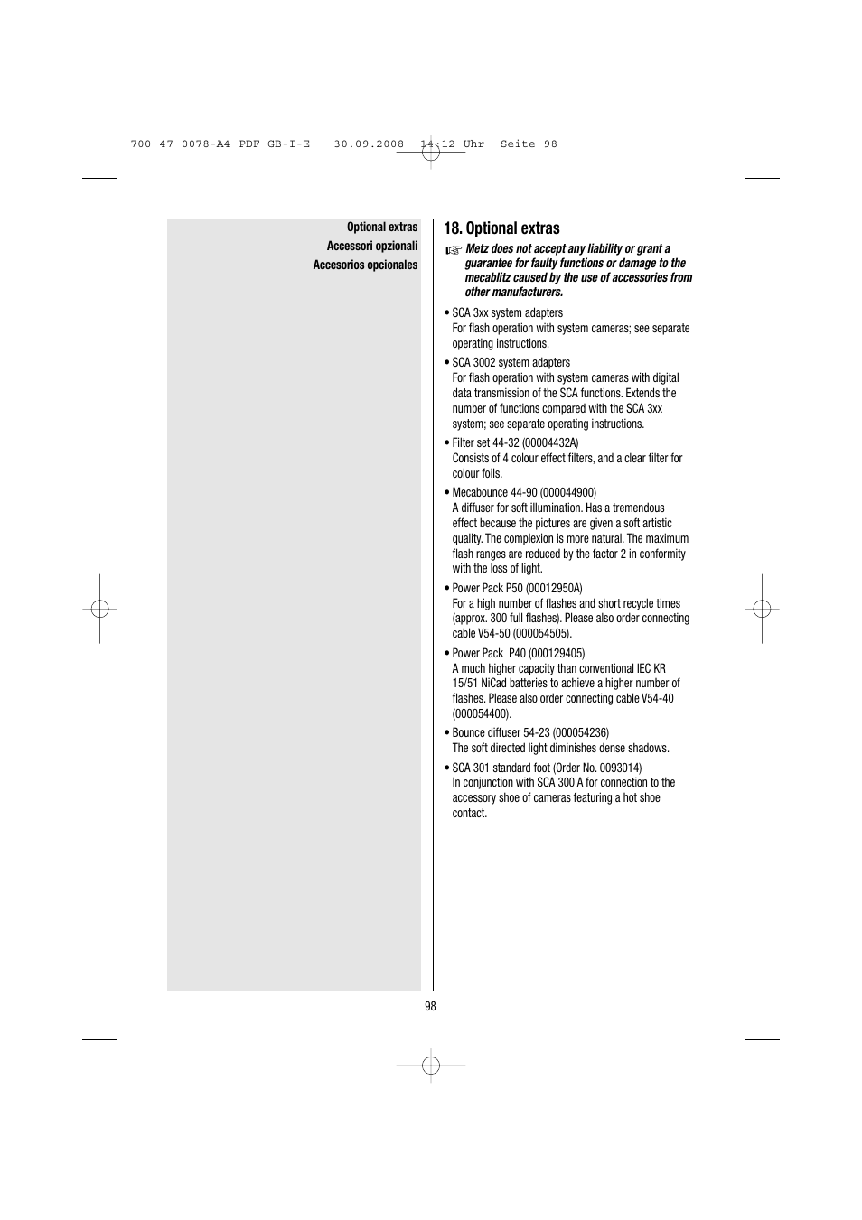 Optional extras | Metz Mecablitz 54 MZ-3 User Manual | Page 98 / 122