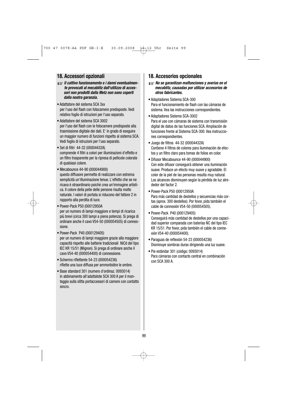 Accessori opzionali, Accesorios opcionales | Metz Mecablitz 54 MZ-3 User Manual | Page 99 / 122