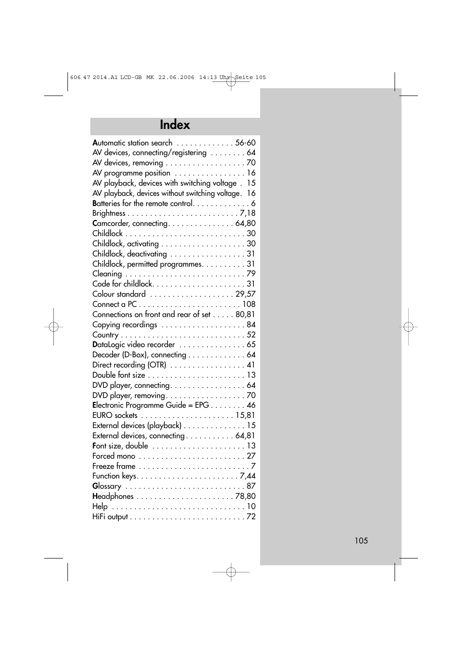 Index | Metz LCD-TV User Manual | Page 105 / 110