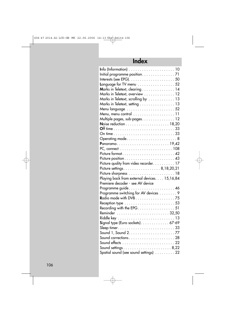 Index | Metz LCD-TV User Manual | Page 106 / 110