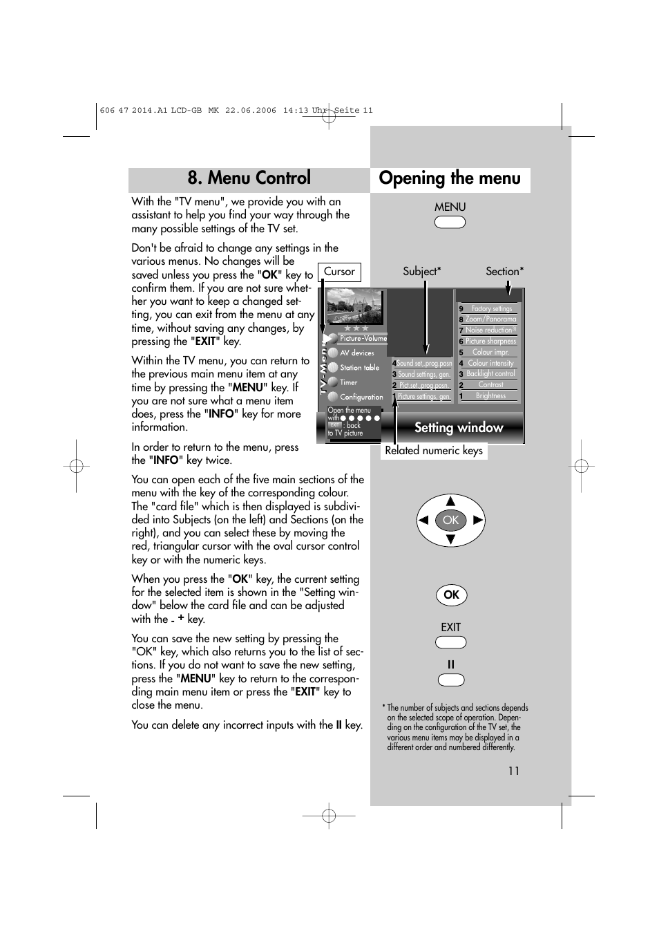 Menu control opening the menu, Setting window | Metz LCD-TV User Manual | Page 11 / 110