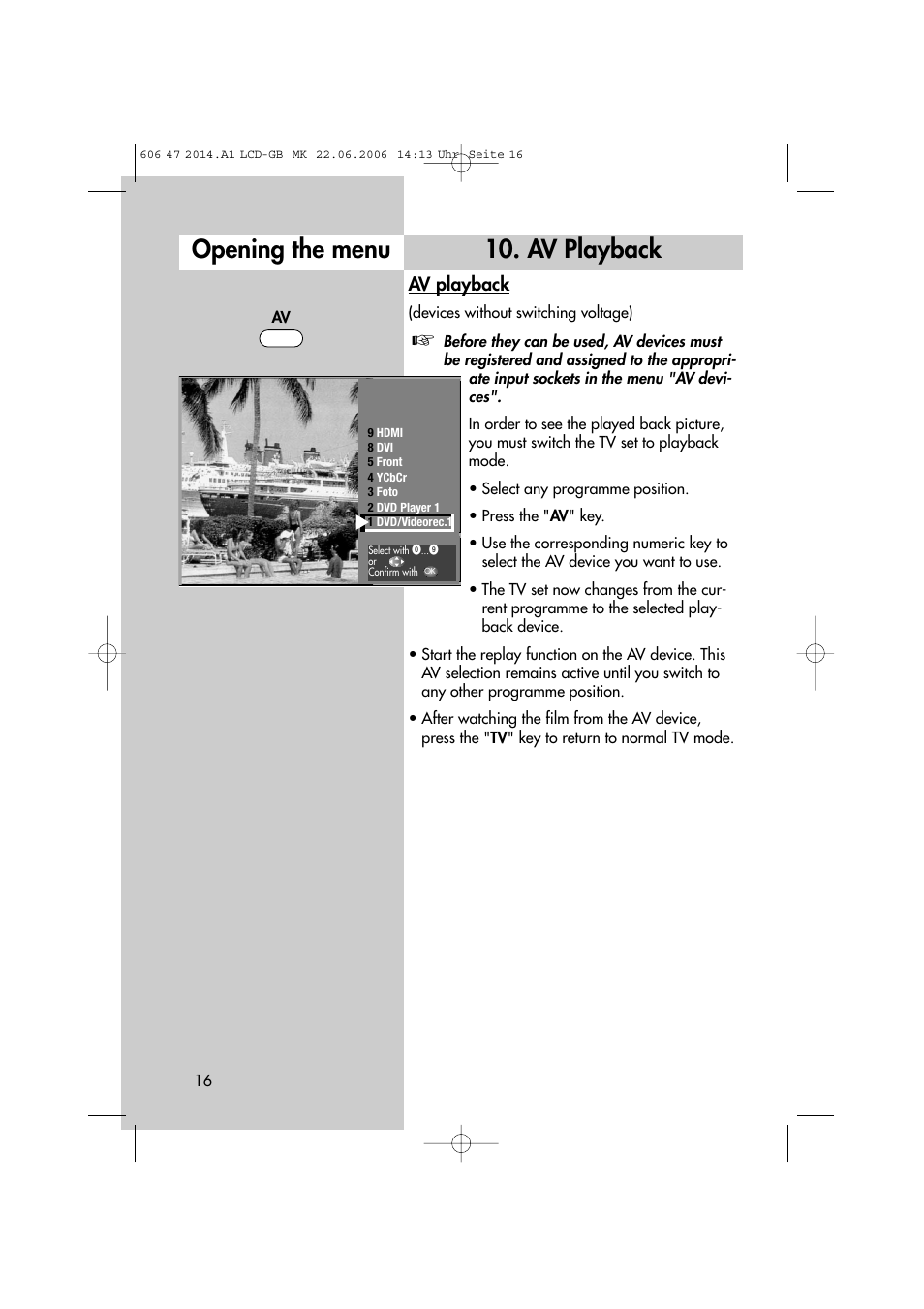 Av playback opening the menu, Av playback | Metz LCD-TV User Manual | Page 16 / 110