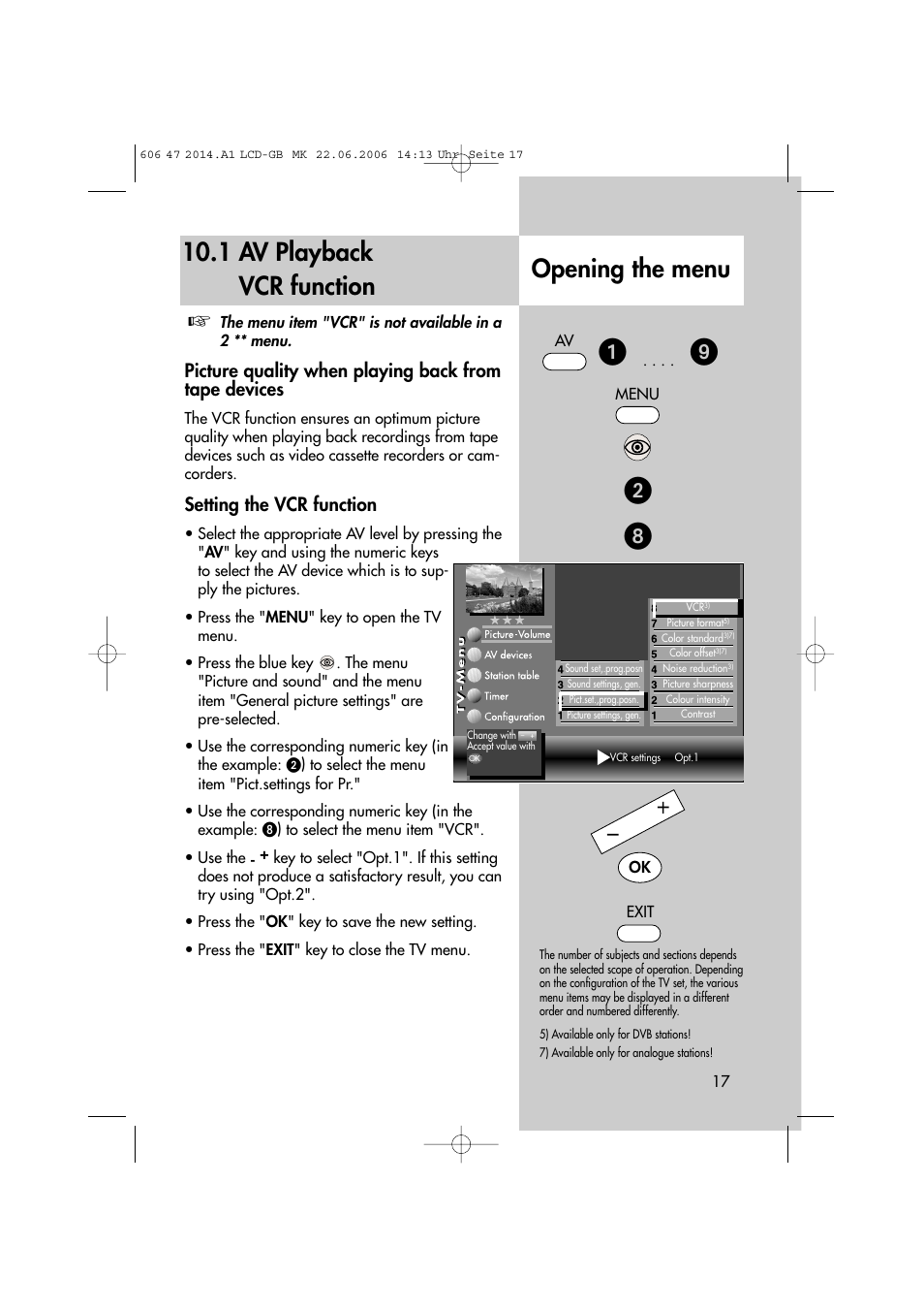 ᕢᕡ ᕩ ᕨ, 1 av playback vcr function, Opening the menu | Setting the vcr function | Metz LCD-TV User Manual | Page 17 / 110