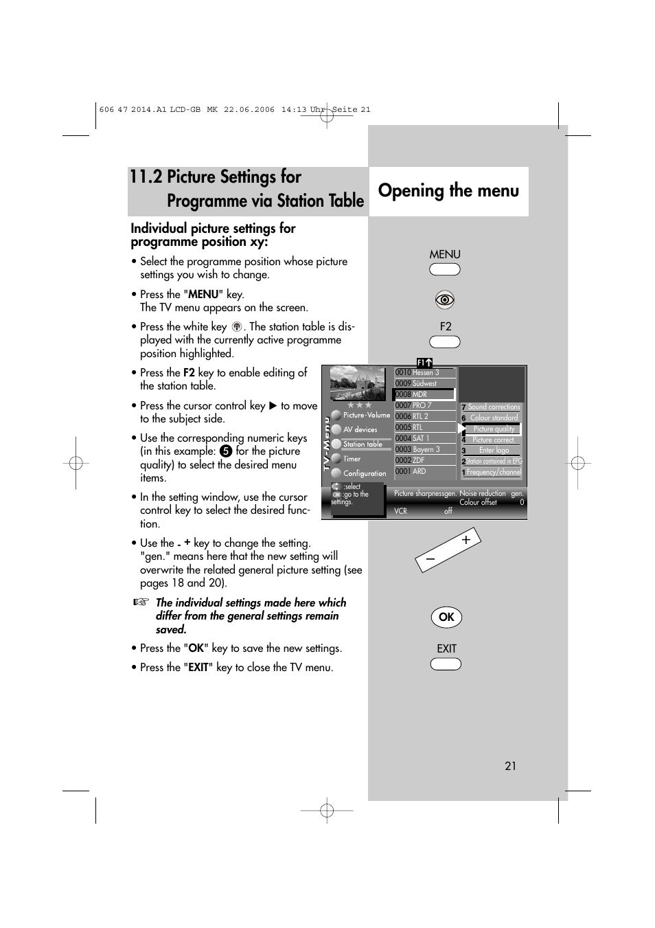 Opening the menu, 2 picture settings for programme via station table | Metz LCD-TV User Manual | Page 21 / 110