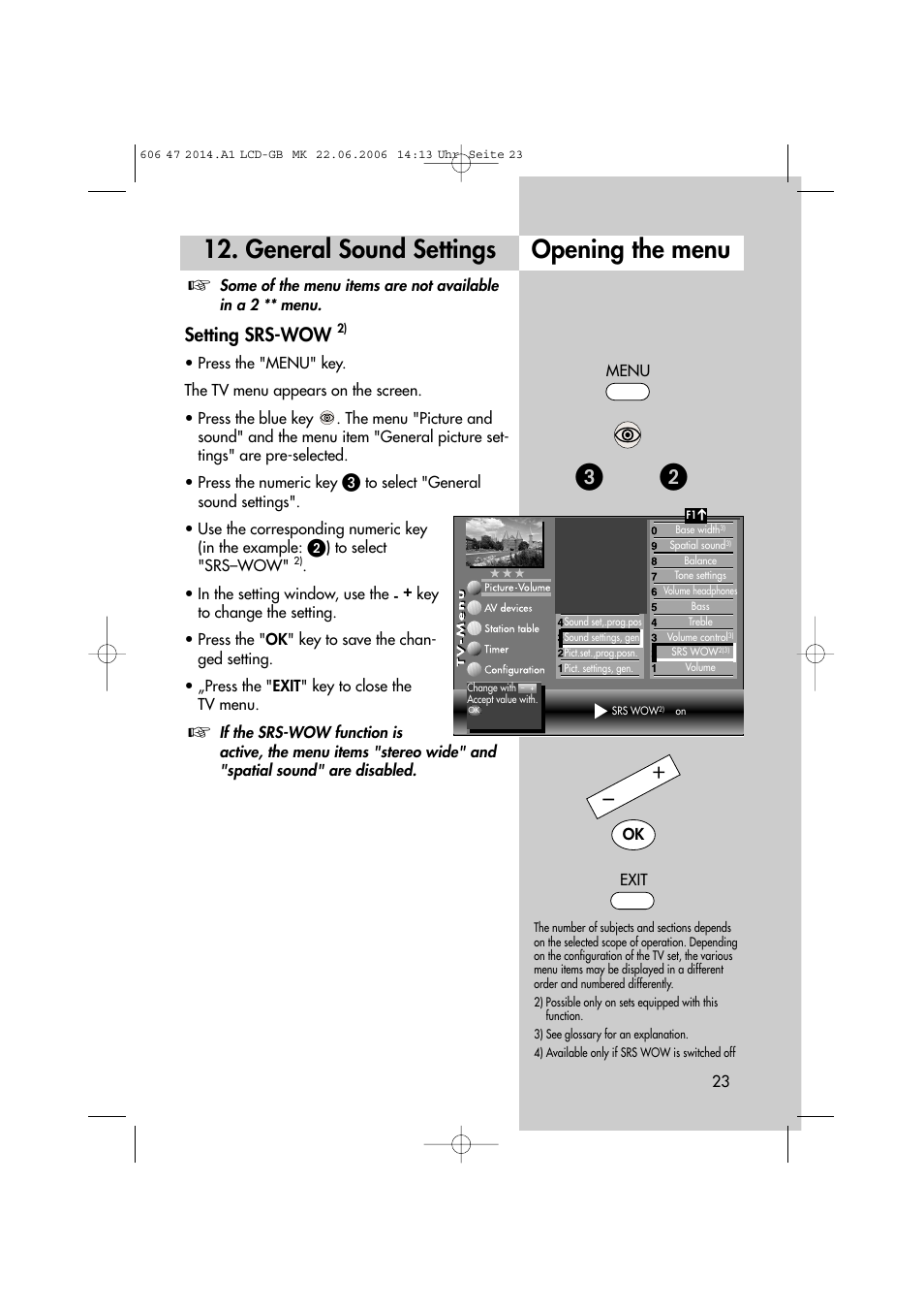 General sound settings, Opening the menu, Setting srs-wow | Metz LCD-TV User Manual | Page 23 / 110