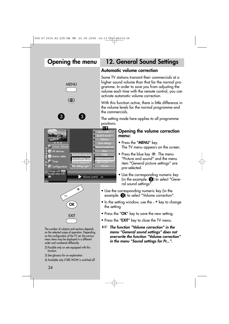 Opening the menu 12. general sound settings, Automatic volume correction, Opening the volume correction menu | Metz LCD-TV User Manual | Page 24 / 110