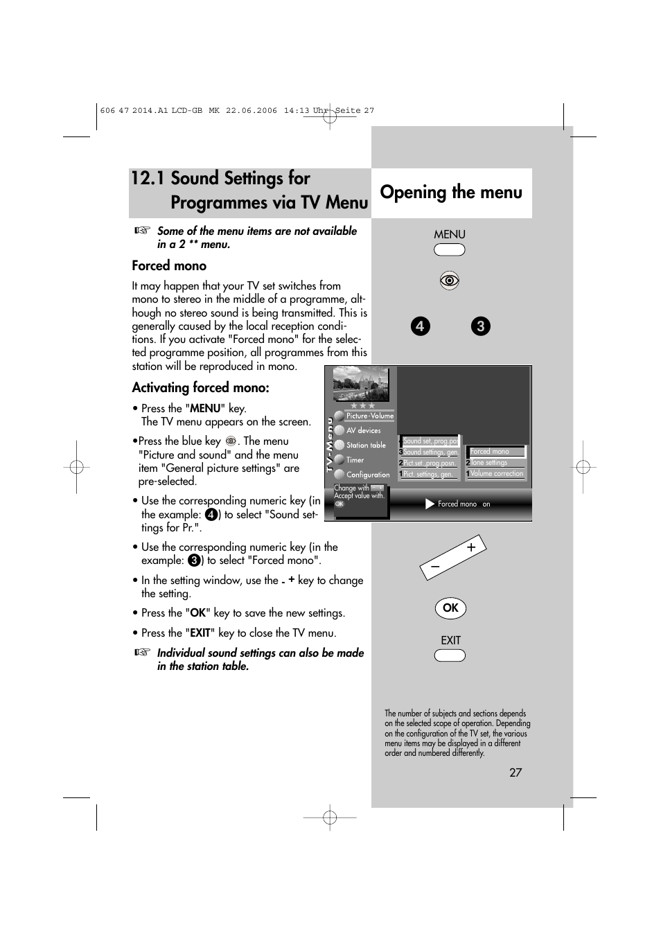 1 sound settings for programmes via tv menu, Opening the menu | Metz LCD-TV User Manual | Page 27 / 110