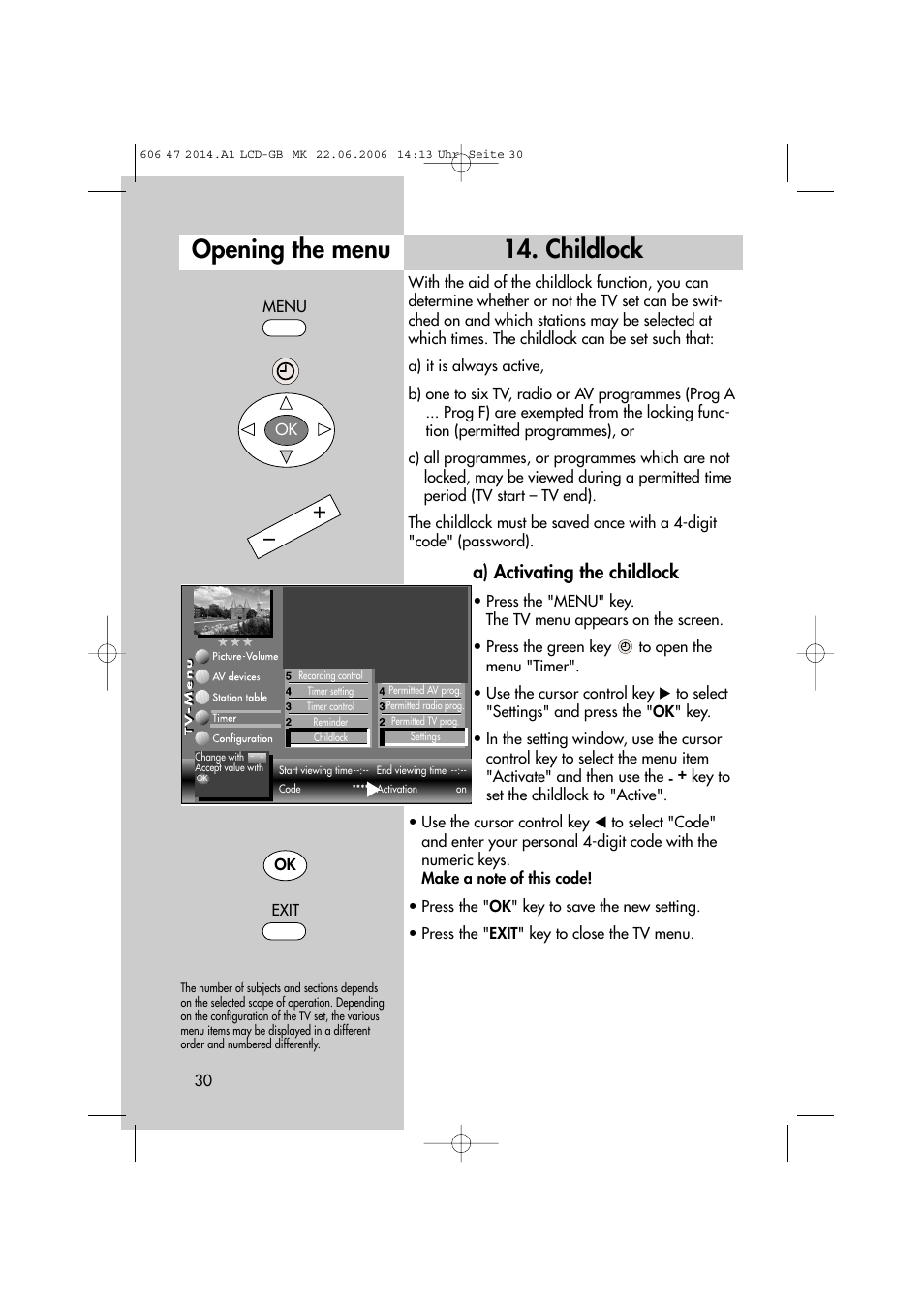 Opening the menu 14. childlock, A) activating the childlock | Metz LCD-TV User Manual | Page 30 / 110