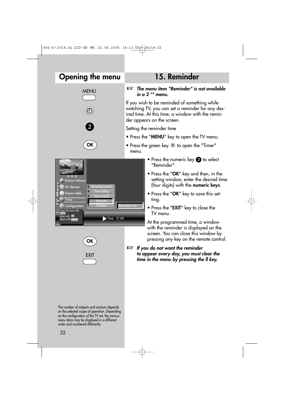 Opening the menu 15. reminder | Metz LCD-TV User Manual | Page 32 / 110