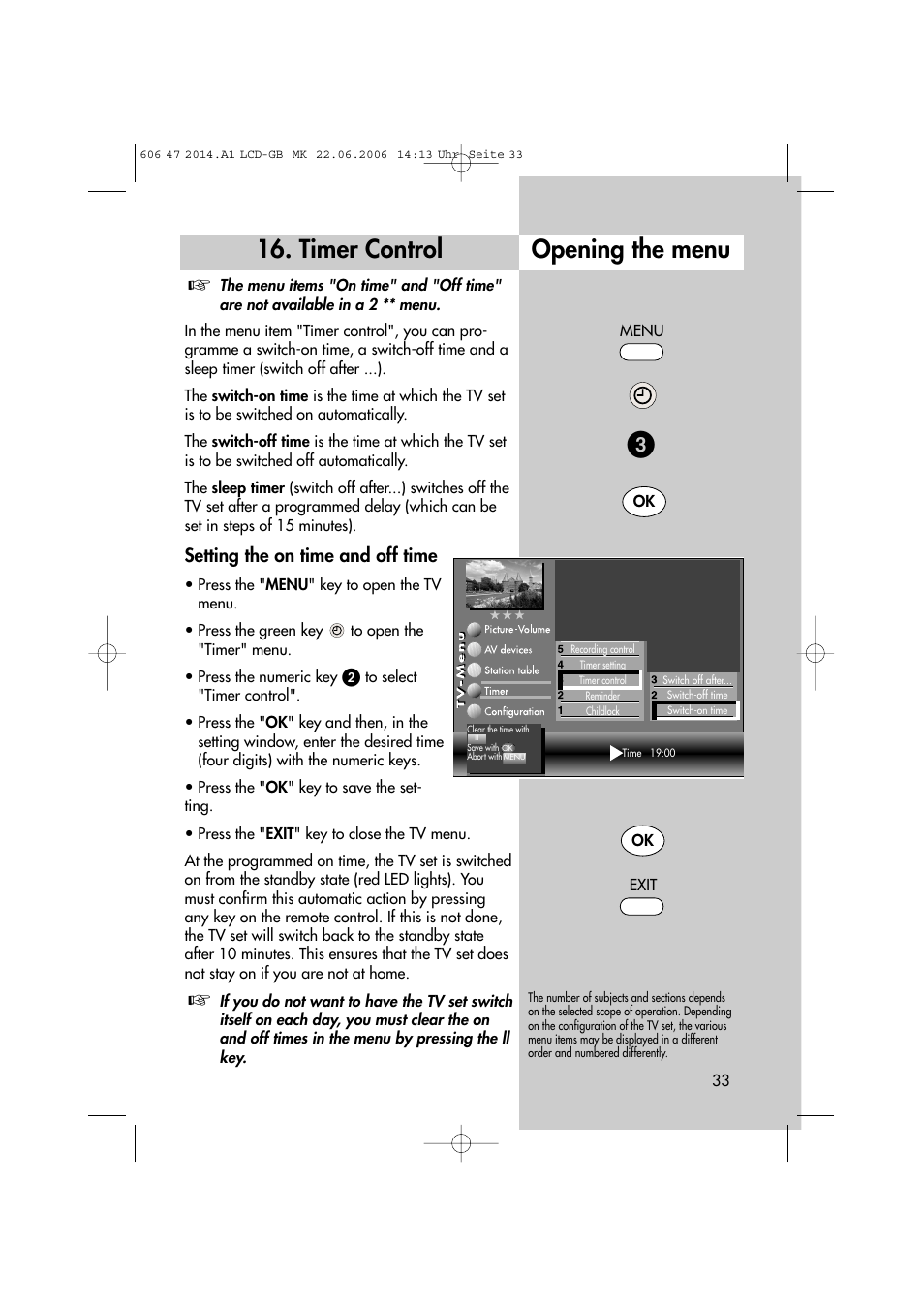 Timer control opening the menu, Setting the on time and off time | Metz LCD-TV User Manual | Page 33 / 110