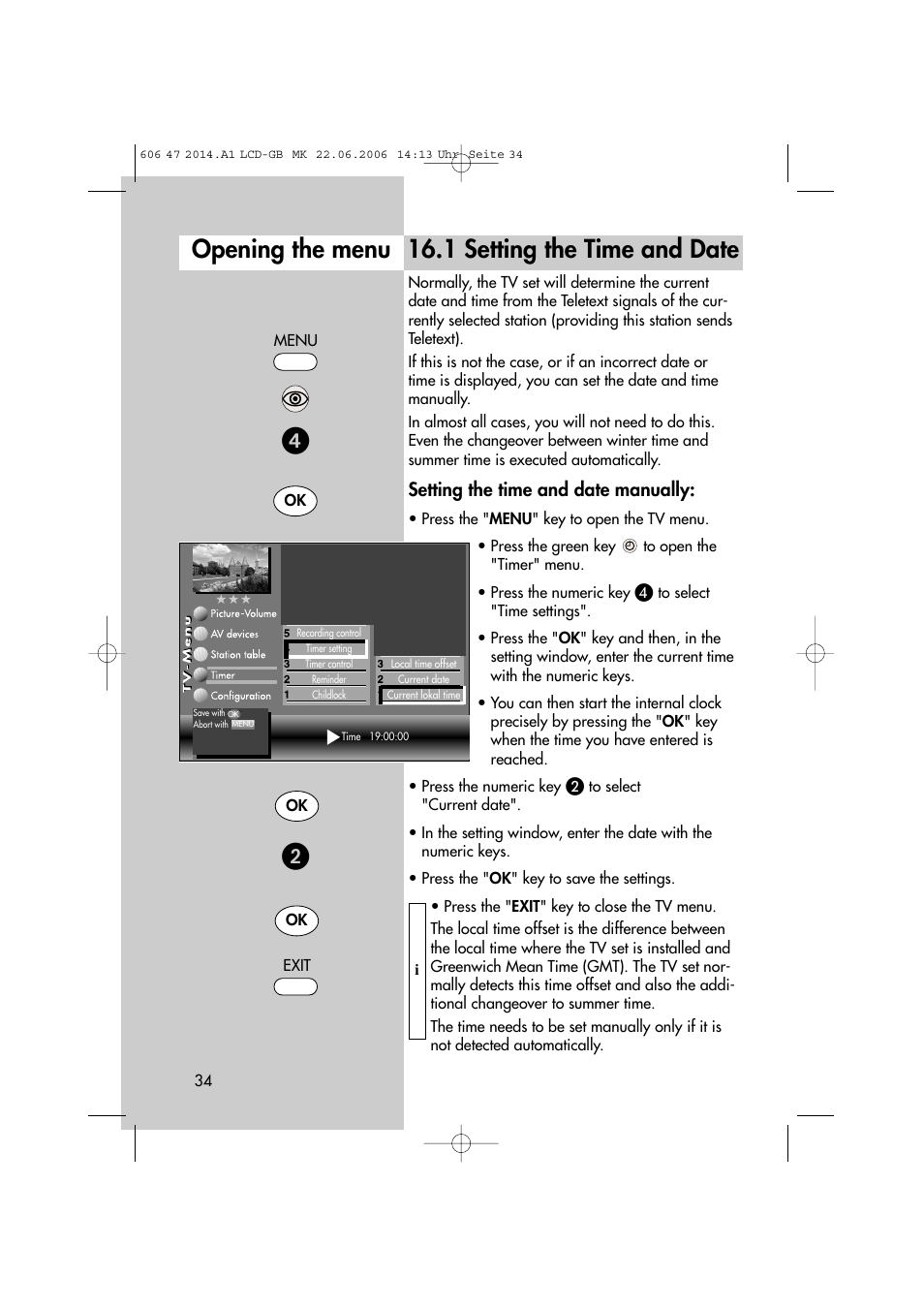 1 setting the time and date opening the menu | Metz LCD-TV User Manual | Page 34 / 110