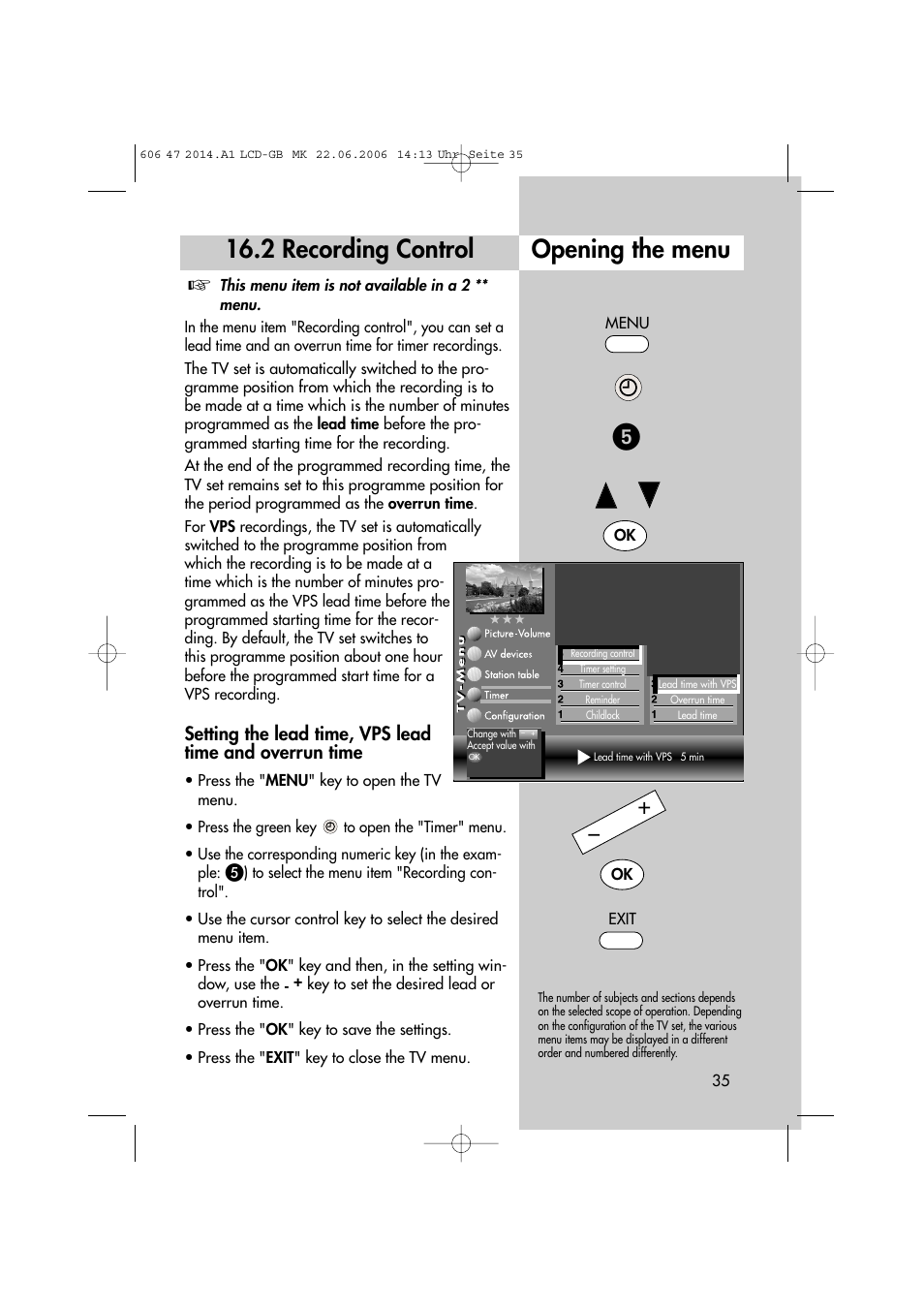 2 recording control opening the menu | Metz LCD-TV User Manual | Page 35 / 110