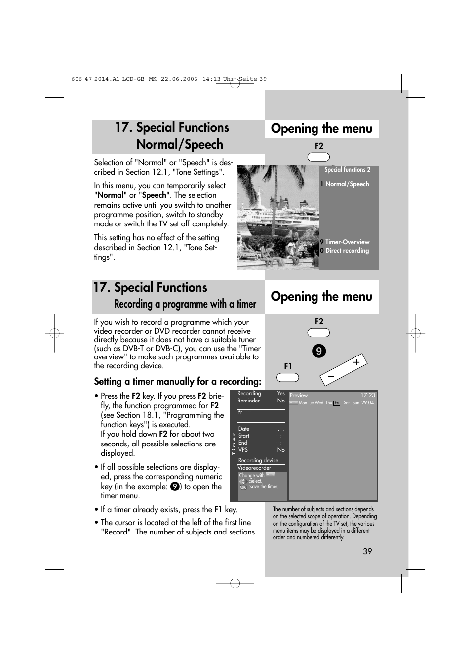 Special functions, Recording a programme with a timer, Setting a timer manually for a recording | Metz LCD-TV User Manual | Page 39 / 110