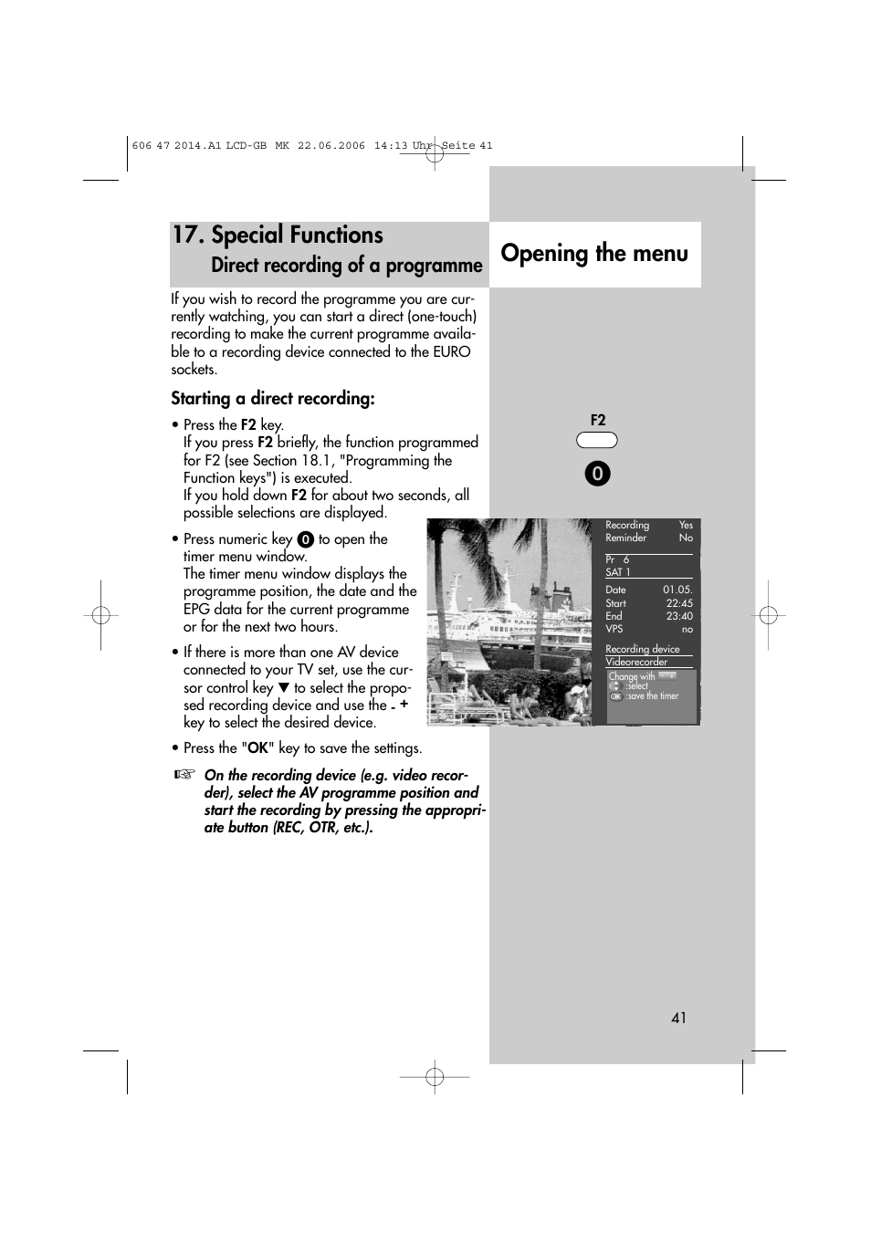 Special functions, Opening the menu, Direct recording of a programme | Starting a direct recording | Metz LCD-TV User Manual | Page 41 / 110