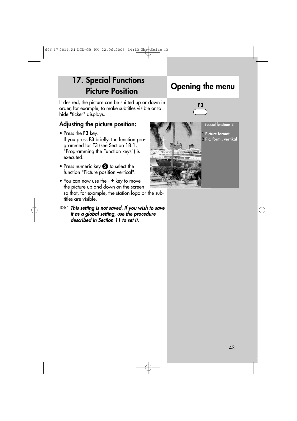 Special functions picture position, Opening the menu | Metz LCD-TV User Manual | Page 43 / 110
