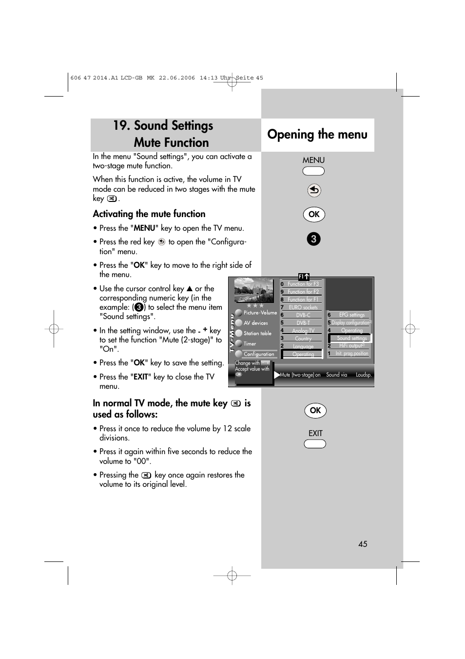 Sound settings mute function opening the menu, Activating the mute function | Metz LCD-TV User Manual | Page 45 / 110