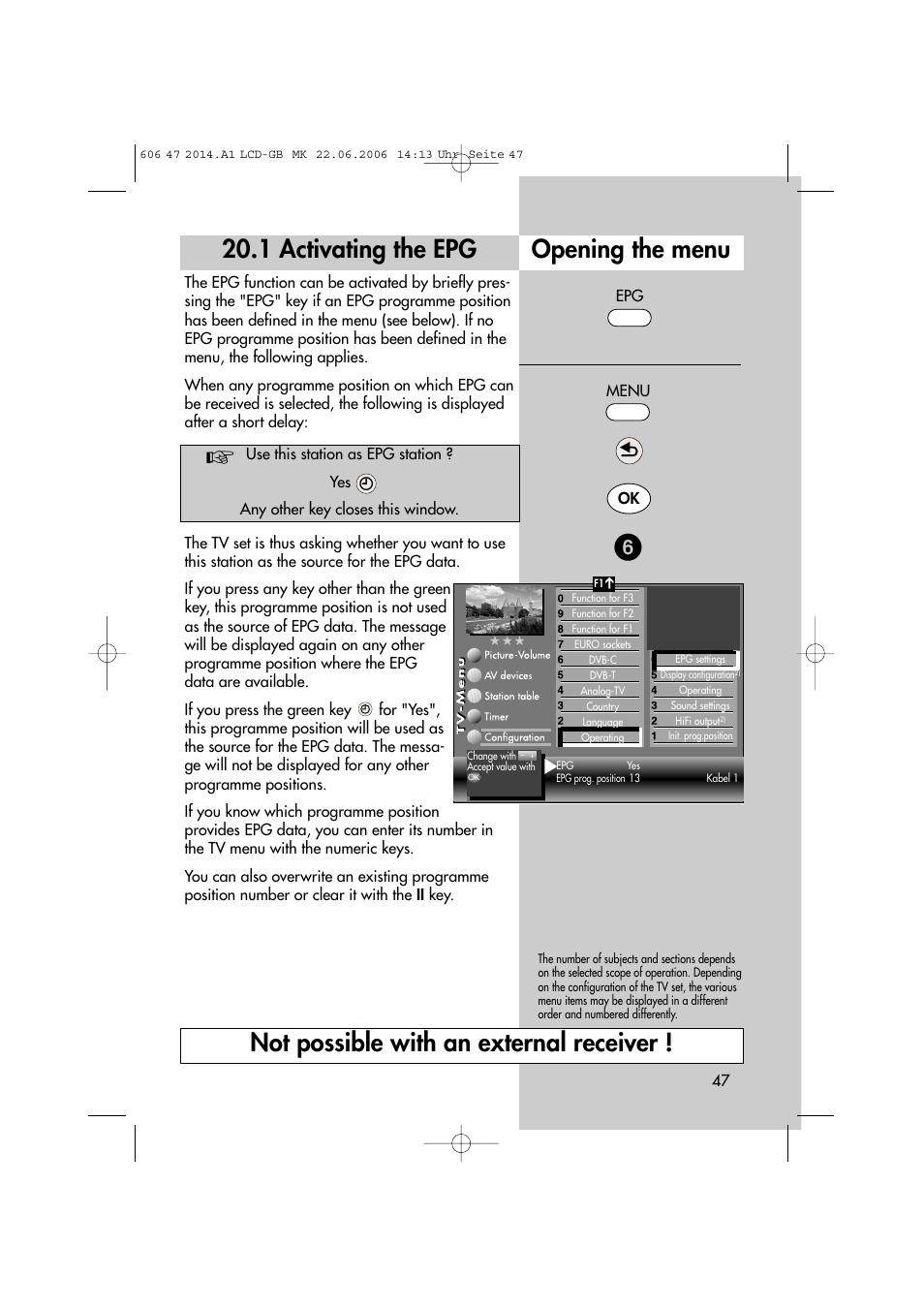 1 activating the epg, Opening the menu, Not possible with an external receiver | Metz LCD-TV User Manual | Page 47 / 110