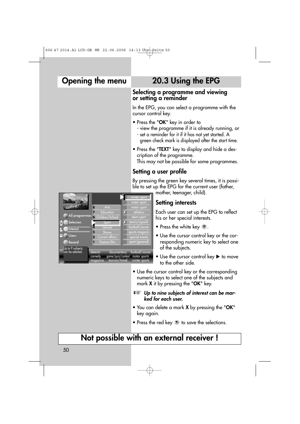 3 using the epg, Setting a user profile, Setting interests | Metz LCD-TV User Manual | Page 50 / 110