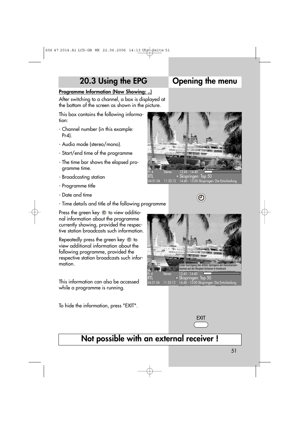 3 using the epg opening the menu, Not possible with an external receiver | Metz LCD-TV User Manual | Page 51 / 110