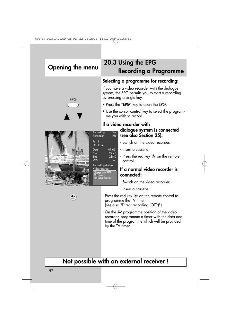 3 using the epg recording a programme, Selecting a programme for recording, If a normal video recorder is connected | Metz LCD-TV User Manual | Page 52 / 110