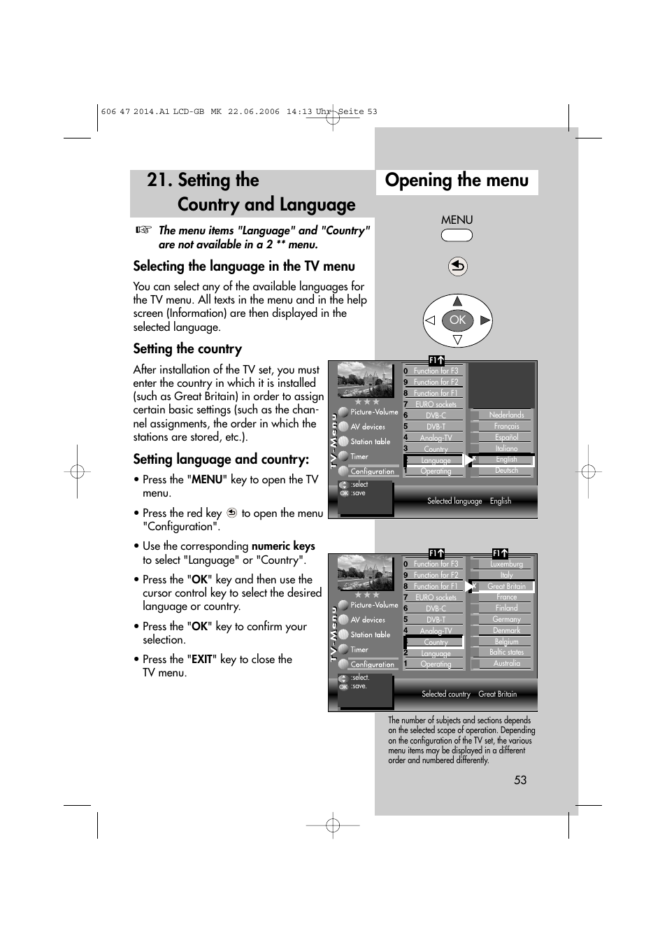 Setting the country and language, Opening the menu, Selecting the language in the tv menu | Setting the country, Setting language and country | Metz LCD-TV User Manual | Page 53 / 110