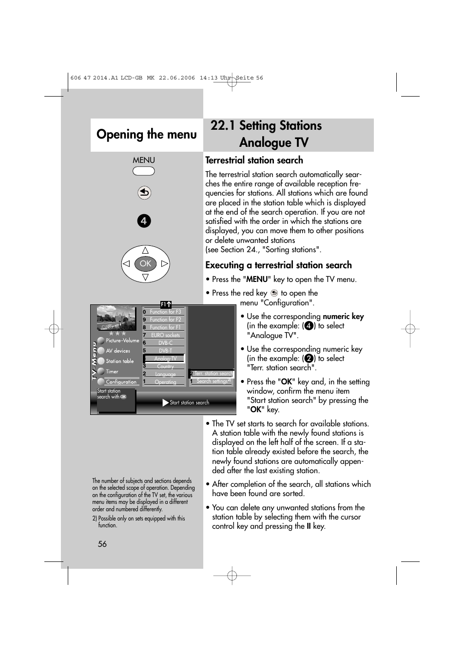 Opening the menu 22.1 setting stations analogue tv, Terrestrial station search, Executing a terrestrial station search | Metz LCD-TV User Manual | Page 56 / 110