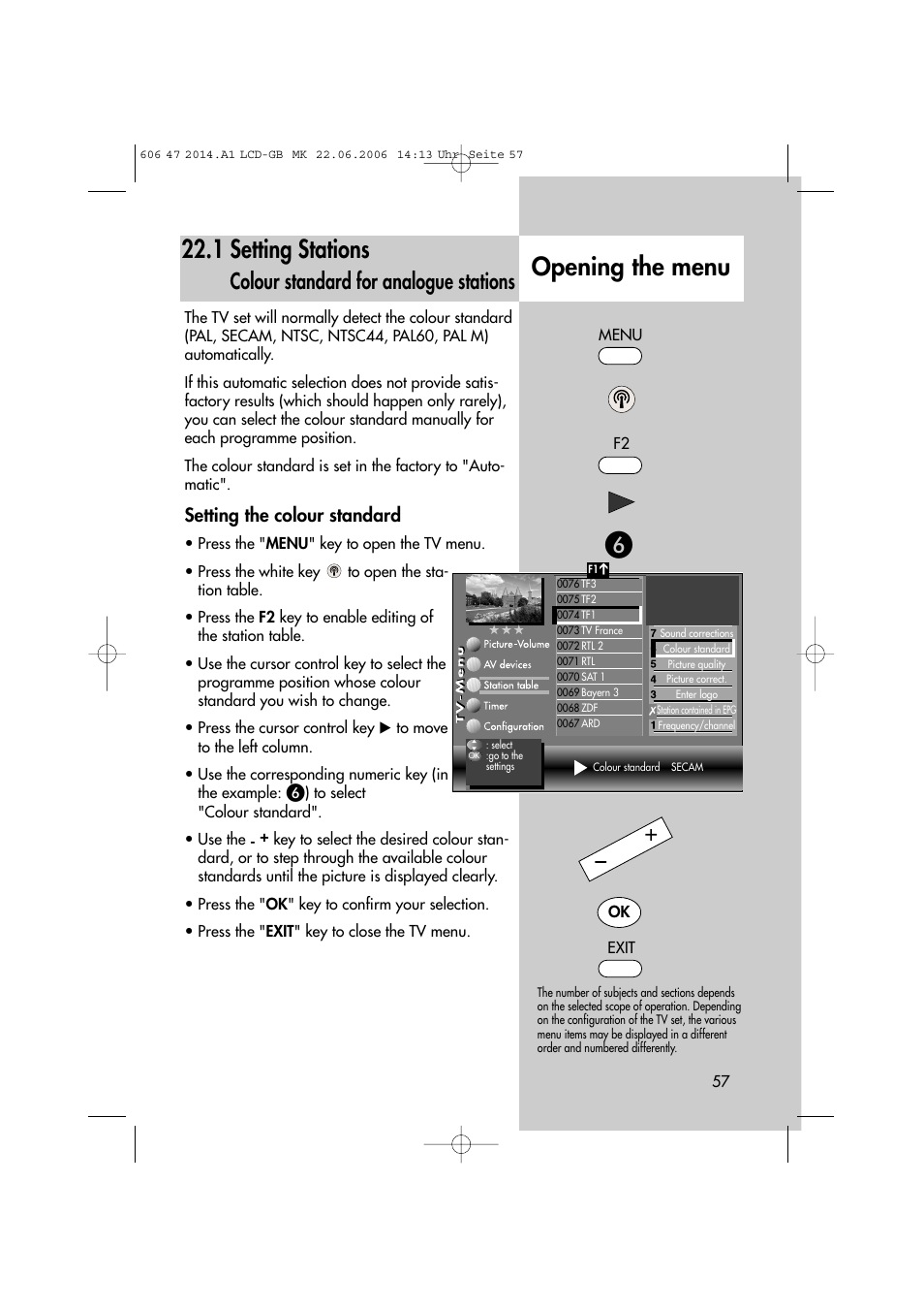 Opening the menu 22.1 setting stations, Colour standard for analogue stations, Setting the colour standard | Metz LCD-TV User Manual | Page 57 / 110