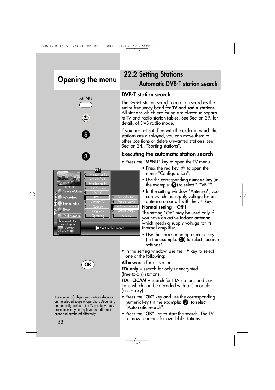 2 setting stations, Opening the menu, Automatic dvb-t station search | Dvb-t station search, Executing the automatic station search | Metz LCD-TV User Manual | Page 58 / 110