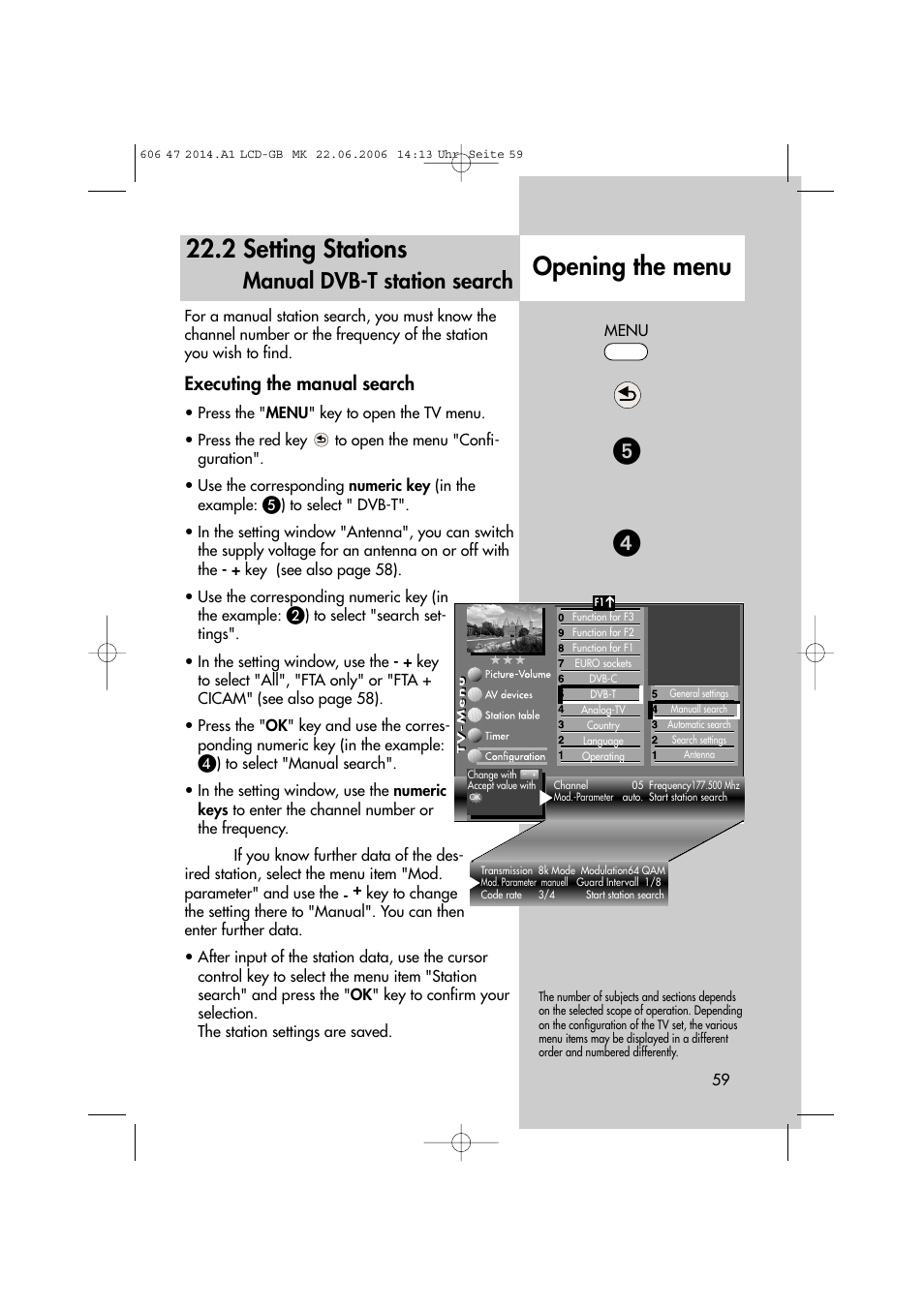 2 setting stations, Opening the menu, Manual dvb-t station search | Executing the manual search | Metz LCD-TV User Manual | Page 59 / 110