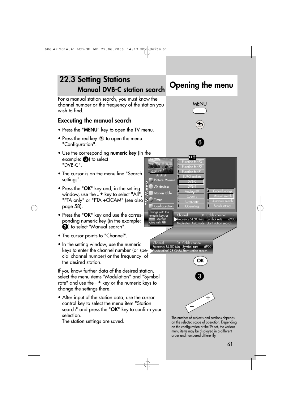 3 setting stations, Opening the menu, Manual dvb-c station search | Executing the manual search | Metz LCD-TV User Manual | Page 61 / 110