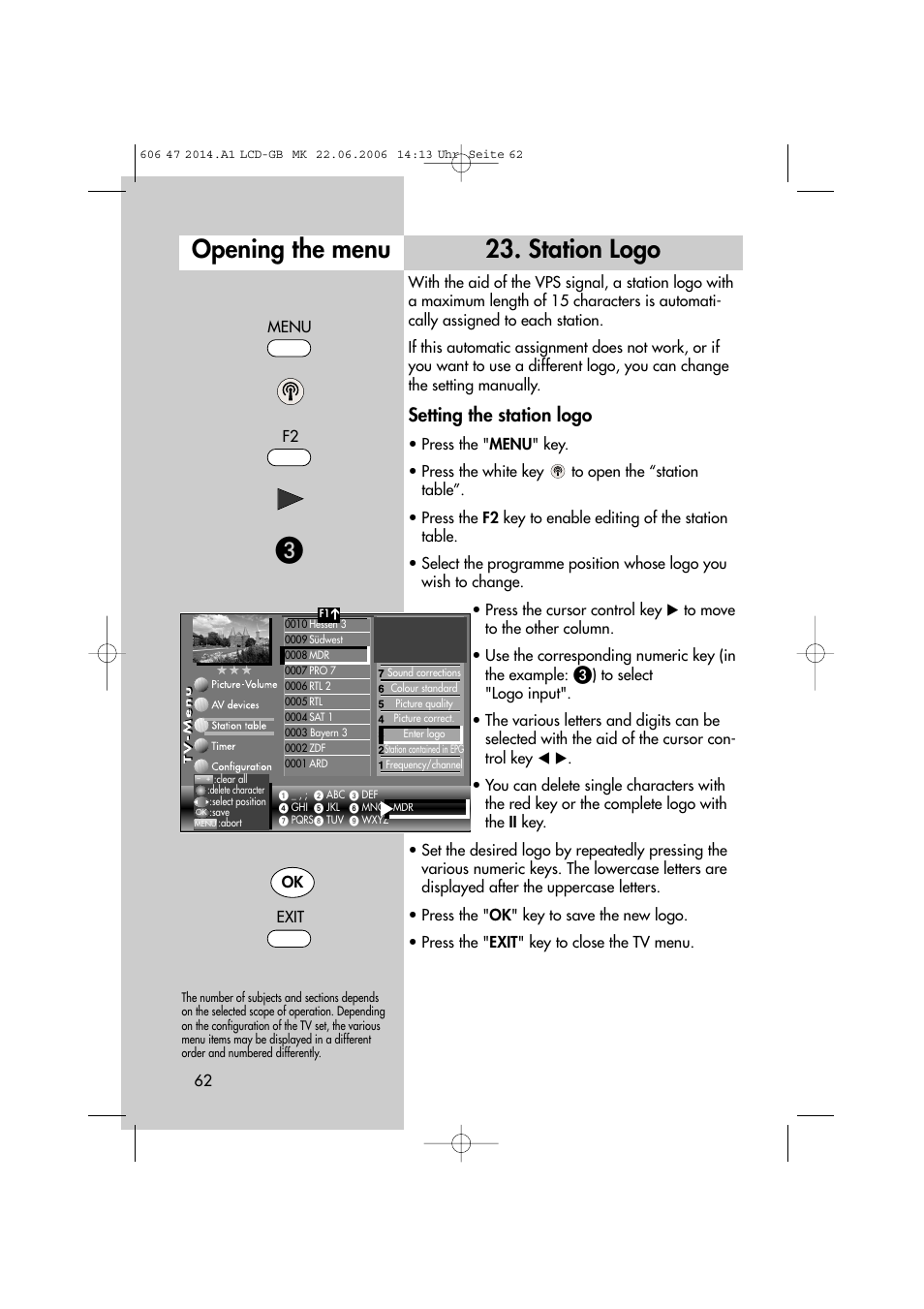 Station logo, Opening the menu, Setting the station logo | Metz LCD-TV User Manual | Page 62 / 110