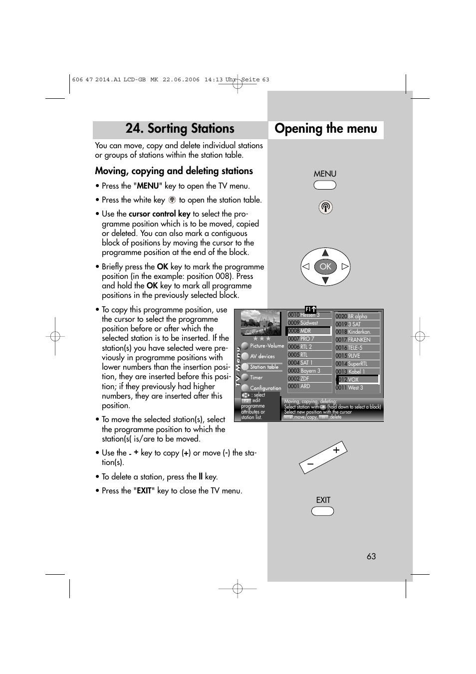 Sorting stations, Opening the menu, Moving, copying and deleting stations | Menu ok, Exit | Metz LCD-TV User Manual | Page 63 / 110