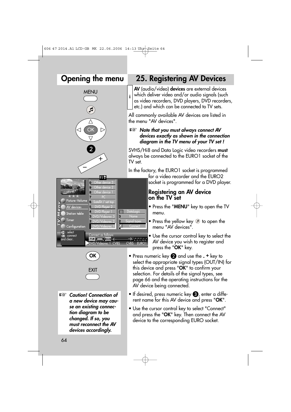 Registering av devices opening the menu, Registering an av device on the tv set | Metz LCD-TV User Manual | Page 64 / 110