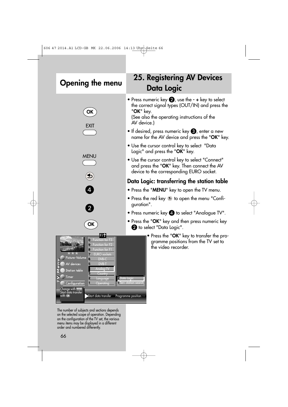 Registering av devices data logic opening the menu, Data logic: transferring the station table | Metz LCD-TV User Manual | Page 66 / 110