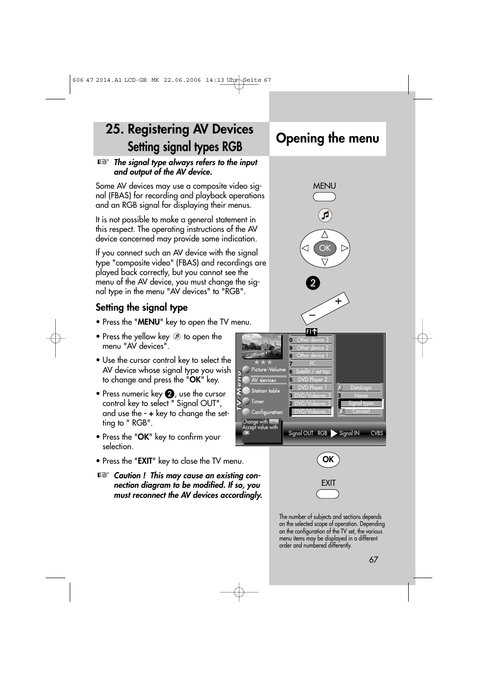 Registering av devices setting signal types rgb, Opening the menu, Setting the signal type | Metz LCD-TV User Manual | Page 67 / 110