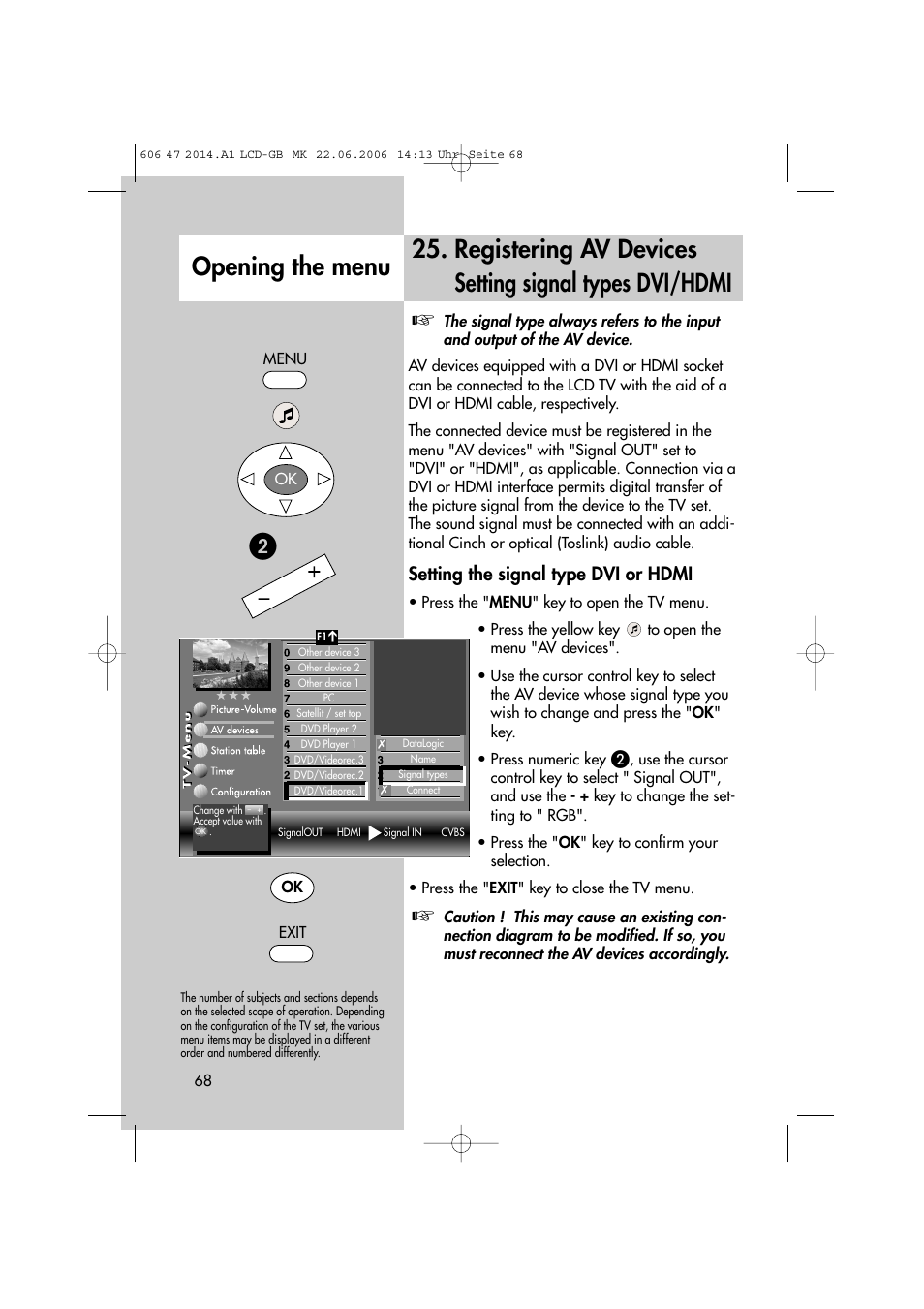 Opening the menu, Setting the signal type dvi or hdmi | Metz LCD-TV User Manual | Page 68 / 110