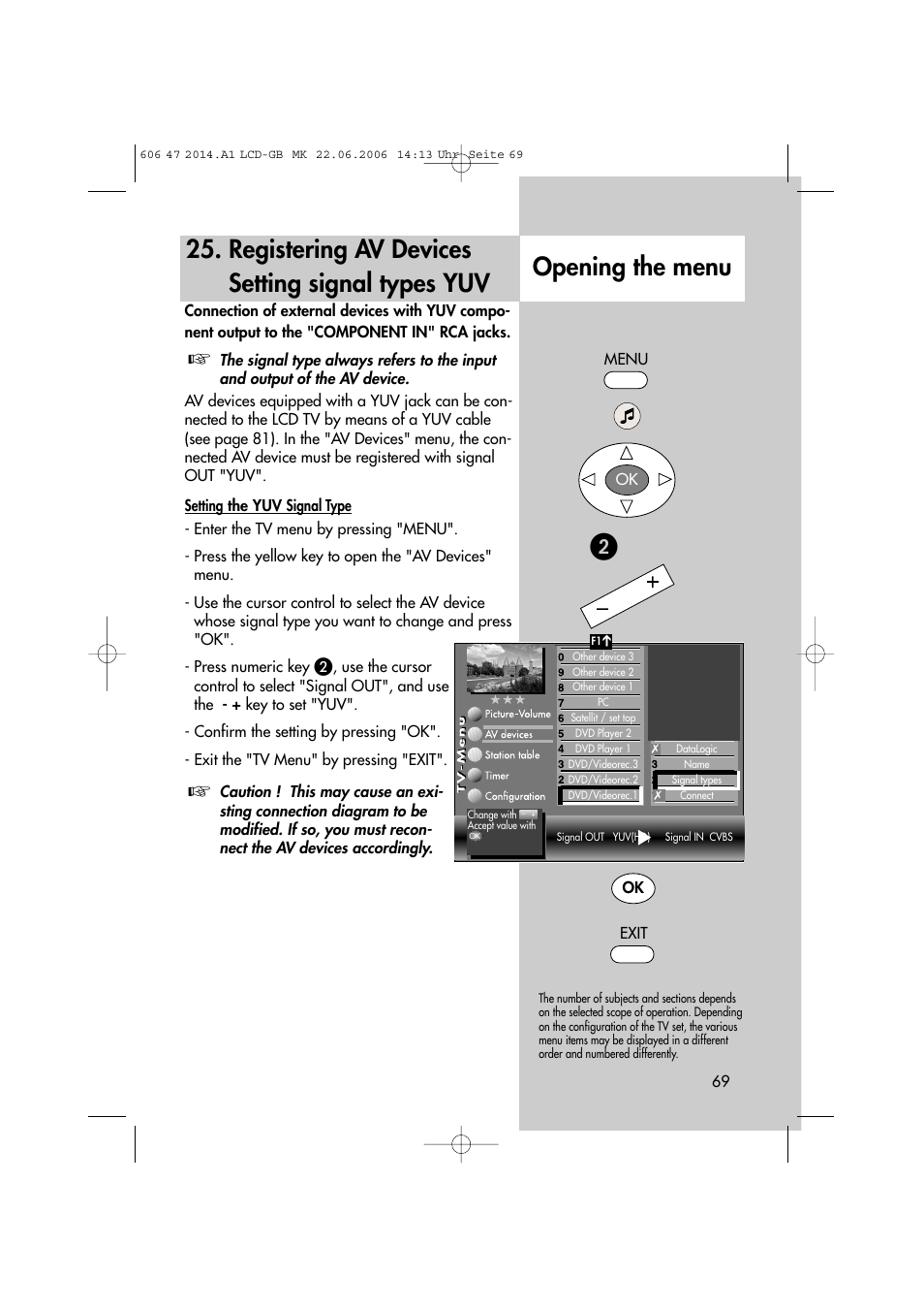 Opening the menu, Registering av devices setting signal types yuv | Metz LCD-TV User Manual | Page 69 / 110