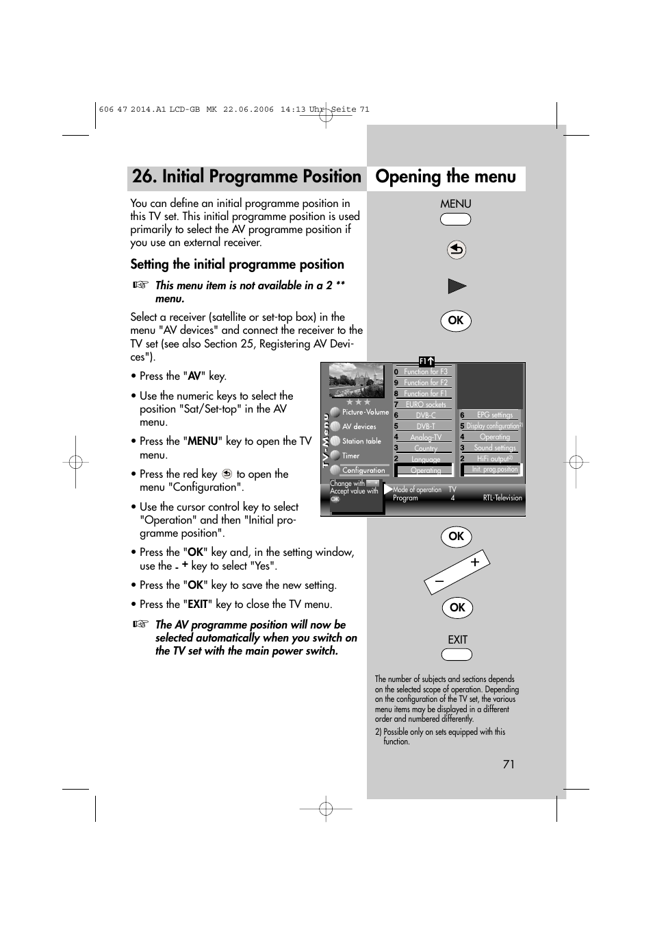 Initial programme position opening the menu, Setting the initial programme position | Metz LCD-TV User Manual | Page 71 / 110