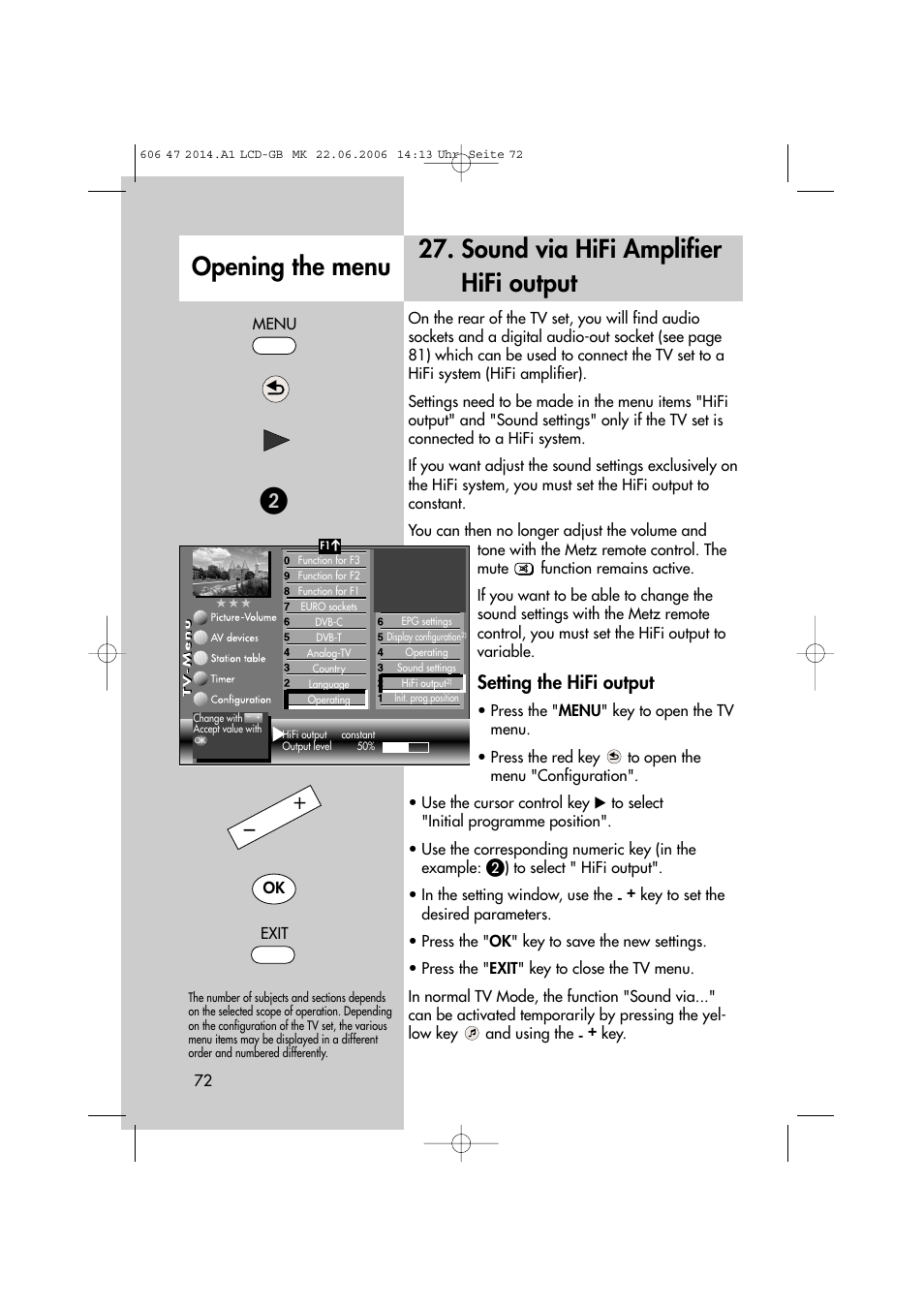 Sound via hifi amplifier hifi output, Opening the menu, Setting the hifi output | Metz LCD-TV User Manual | Page 72 / 110