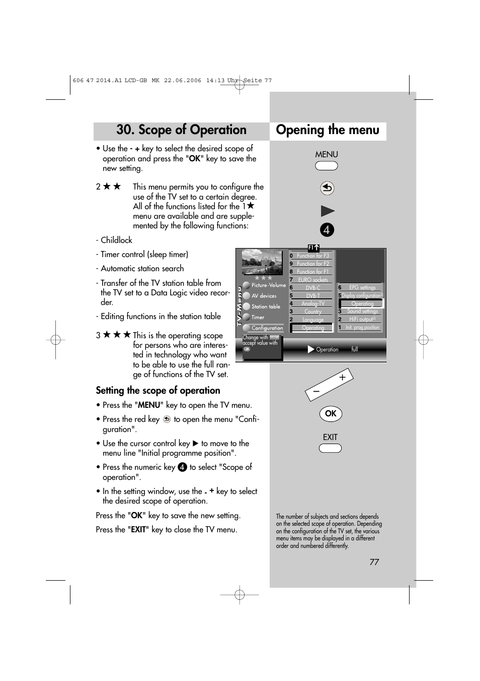 Scope of operation opening the menu, Setting the scope of operation | Metz LCD-TV User Manual | Page 77 / 110