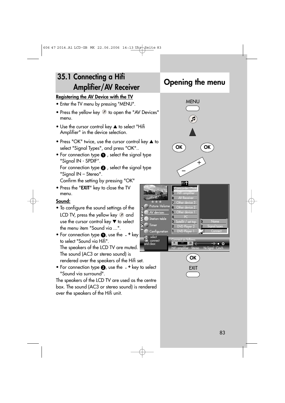 1 connecting a hifi amplifier/av receiver, Opening the menu | Metz LCD-TV User Manual | Page 83 / 110