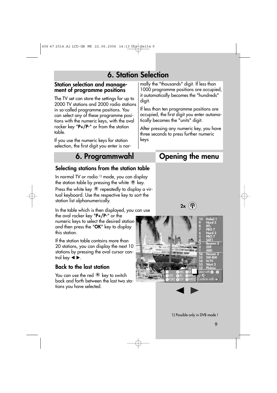 Station selection 6. programmwahl opening the menu, Selecting stations from the station table, Back to the last station | Metz LCD-TV User Manual | Page 9 / 110