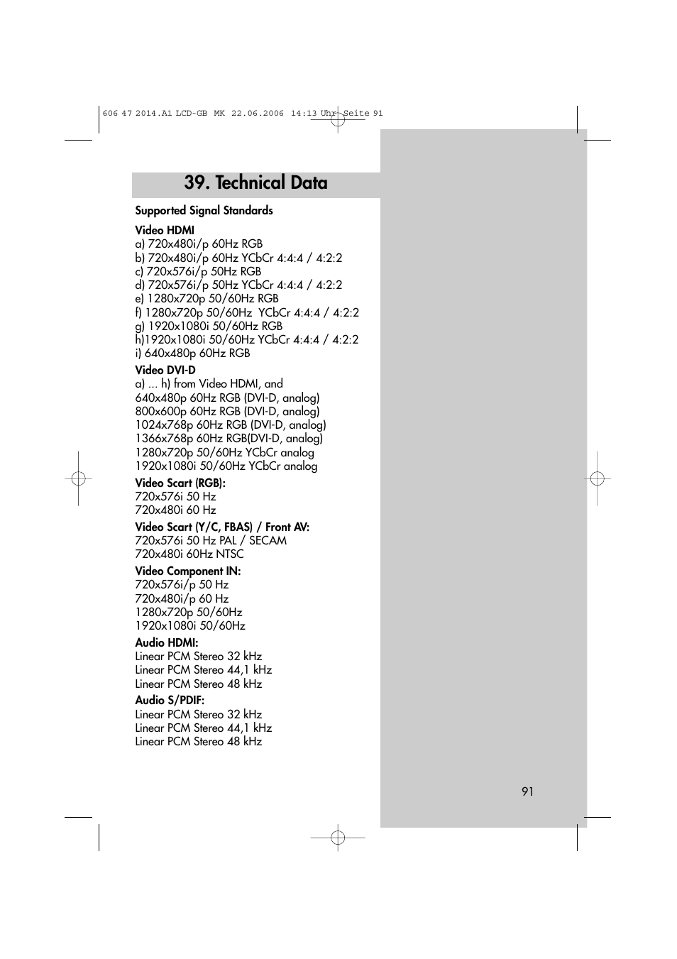 Technical data | Metz LCD-TV User Manual | Page 91 / 110