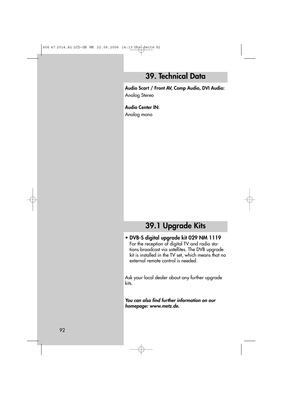 1 upgrade kits, Technical data | Metz LCD-TV User Manual | Page 92 / 110