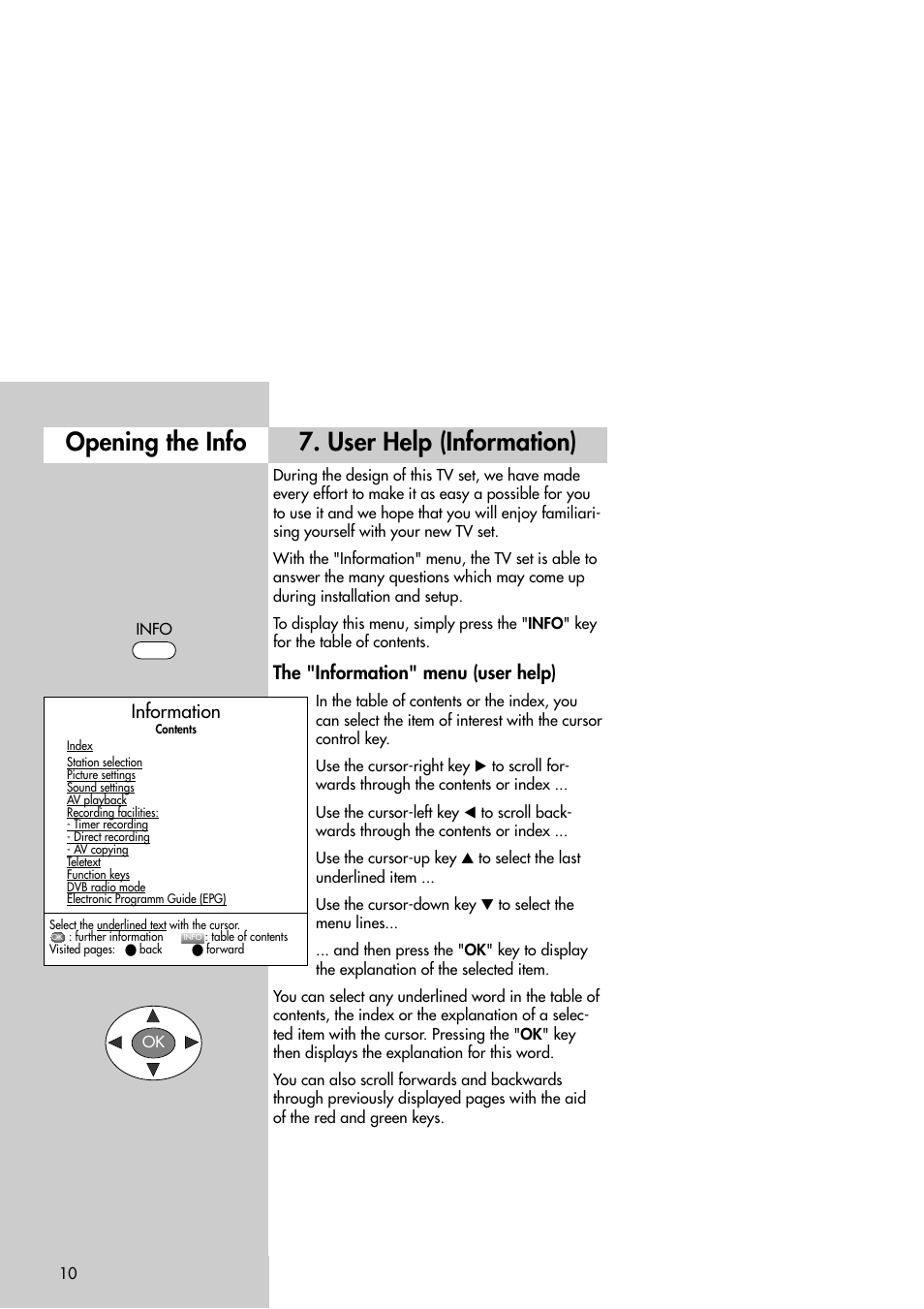 User help (information), Opening the info, The "information" menu (user help) | Information | Metz Slim TV User Manual | Page 10 / 100