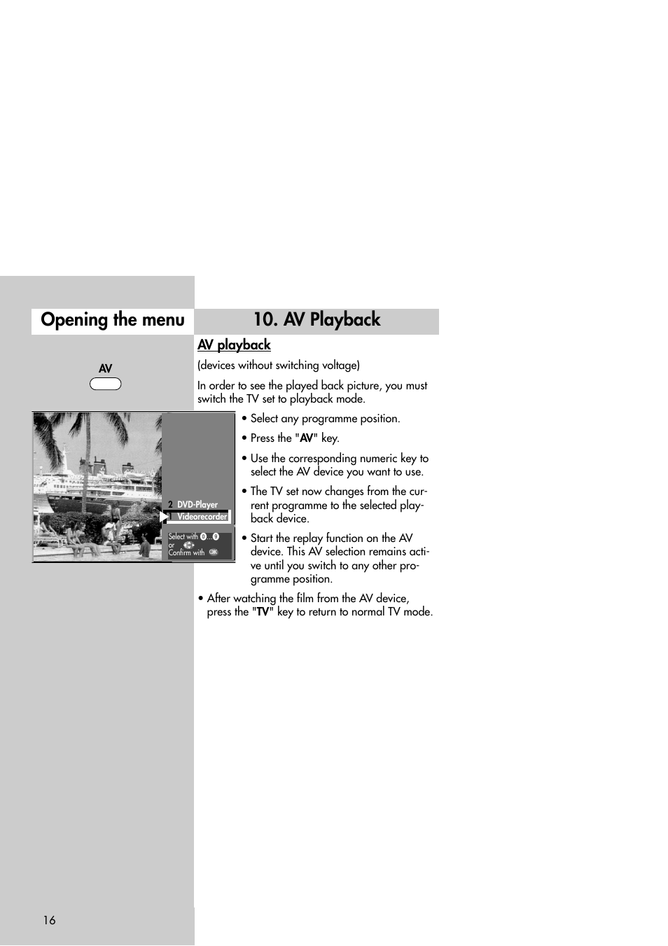 Av playback opening the menu, Av playback | Metz Slim TV User Manual | Page 16 / 100