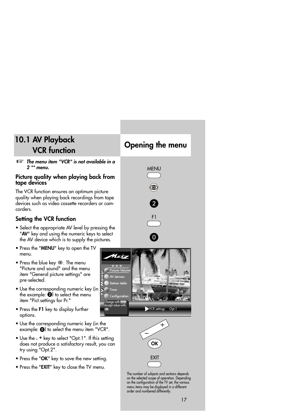 1 av playback vcr function, Opening the menu | Metz Slim TV User Manual | Page 17 / 100