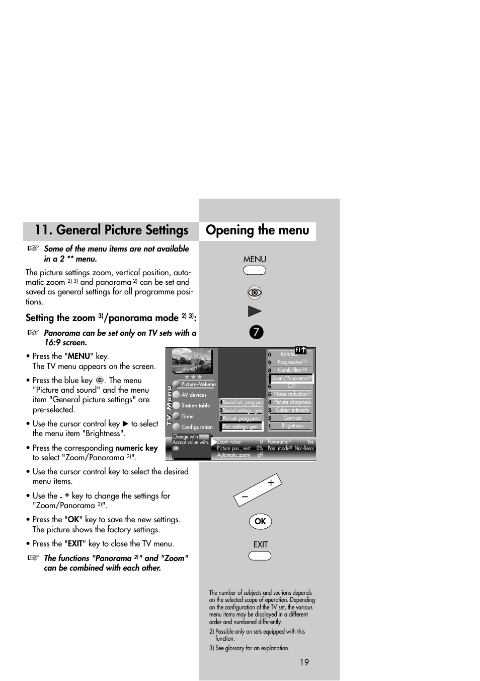 Opening the menu, General picture settings, Setting the zoom | Panorama mode | Metz Slim TV User Manual | Page 19 / 100